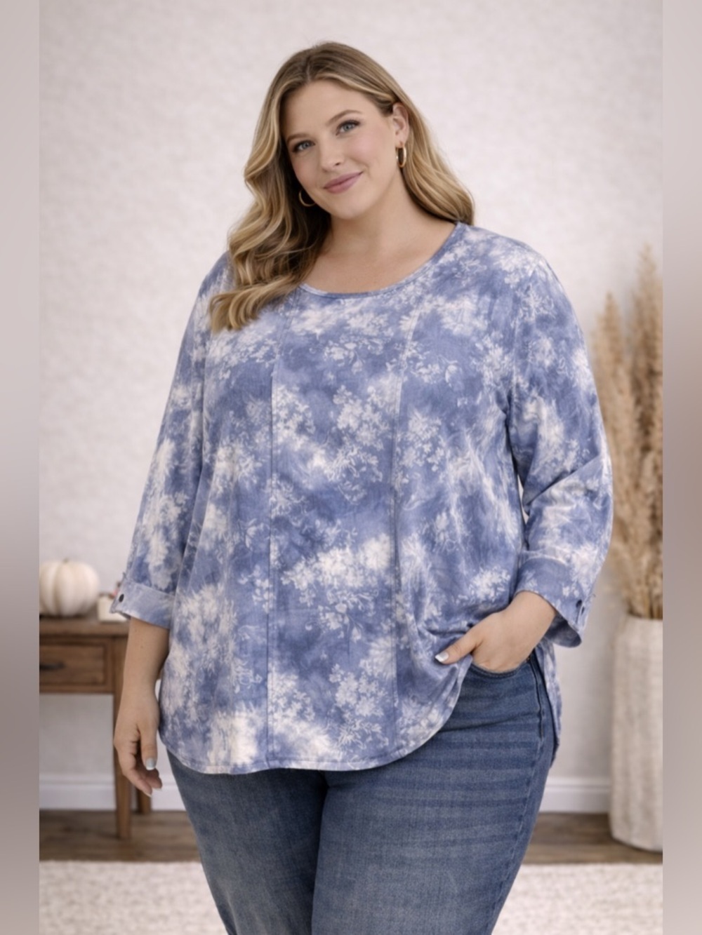 N Touch Blue Floral Tie-Dye Top 2X Boho Casual 3/4 Sleeve